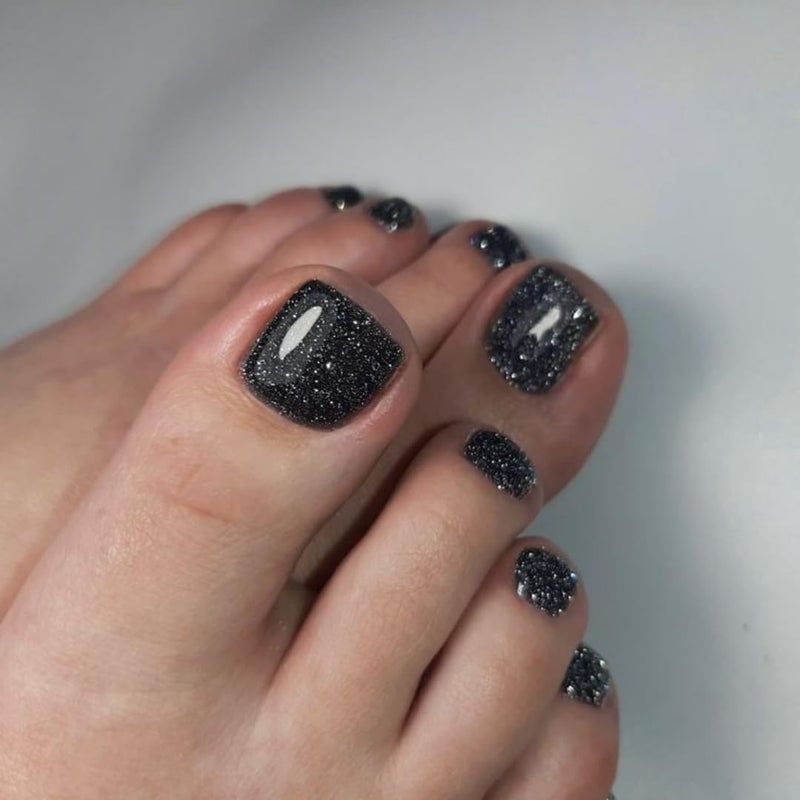 KQueenest Cat Eye Black Toe Press on Nails Short Square, Glitter Black Fake Toe Nails Press on, Soft Gel Glue on Toe nails for Women Summer, Gothic Sparkly Reusable Toe Acrylic Nails 24 Pcs - Image 3